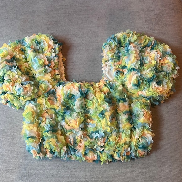 Free the Roses Pastel Flower Embellished Top Puff Sleeves Cropped Size Small - Picture 3 of 9